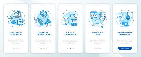 Addressing labor issues blue onboarding mobile app screen. Farm industry walkthrough 5 steps editable graphic instructions with linear concepts. UX, GUI template. Myriad Pro-Bold, Regular fonts used
