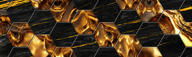 Hexagonal black marble tiles with molten golden epoxy sparkling texture river tiles side by side
