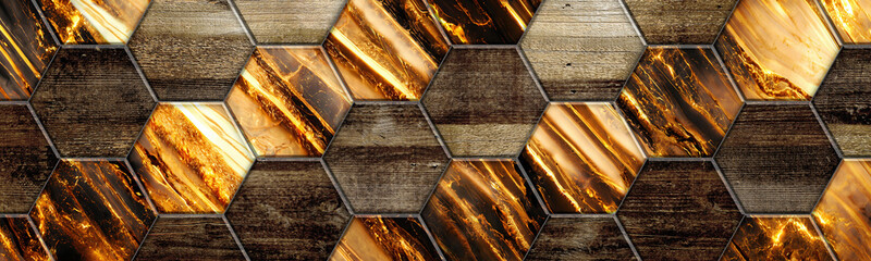 Hexagonal dark wood tiles with golden infernal fiery diagonal marbled texture tiles side by side