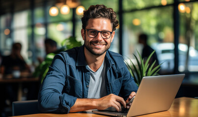 Smiling Entrepreneur: Casual Office Phone Call with Laptop