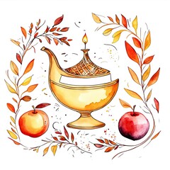 Rosh Hashanah greeting card. Shana Tova, Jewish New Year holiday. Watercolor
