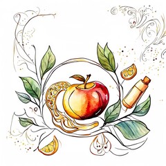 Pomegranate, apple, maple leaf and honey - symbols of jewish new.