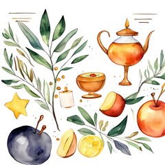 Pomegranate, apple, maple leaf and honey - symbols of jewish new.