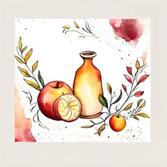 Pomegranate, apple, maple leaf and honey - symbols of jewish new.