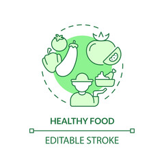Healthy food green concept icon. Eating habit. Locally grown. Organic farming. Sustainable agriculture. Farmer market. Round shape line illustration. Abstract idea. Graphic design. Easy to use