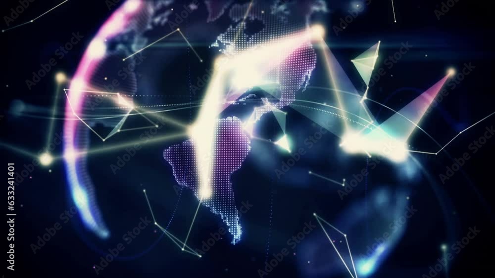 Poster animation of blue light trails and globe of plexus networks spinning against black background