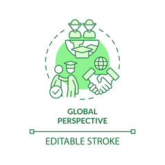 Global perspective green concept icon. International collaboration. Agricultural science. Higher education. Study abroad. Round shape line illustration. Abstract idea. Graphic design. Easy to use