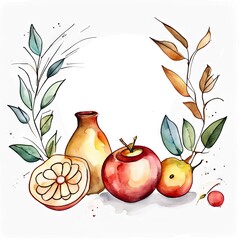 Watercolor pomegranate and apple with leaves Rosh Hashanah on white