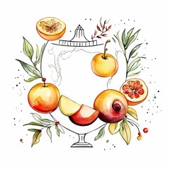 Pomegranate, apple, maple leaf and honey - symbols of jewish new.