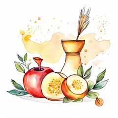 Watercolor pomegranate and apple with leaves Rosh Hashanah on white