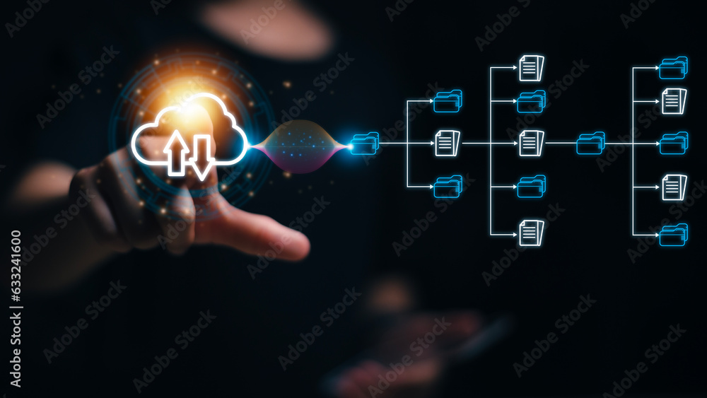Aufkleber businesswoman with cloud computing diagram shown on hand. cloud technology. data storage. cloud comp