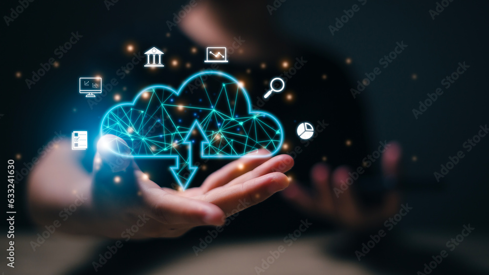 Aufkleber businesswoman with cloud computing diagram shown on hand. cloud technology. data storage. cloud comp