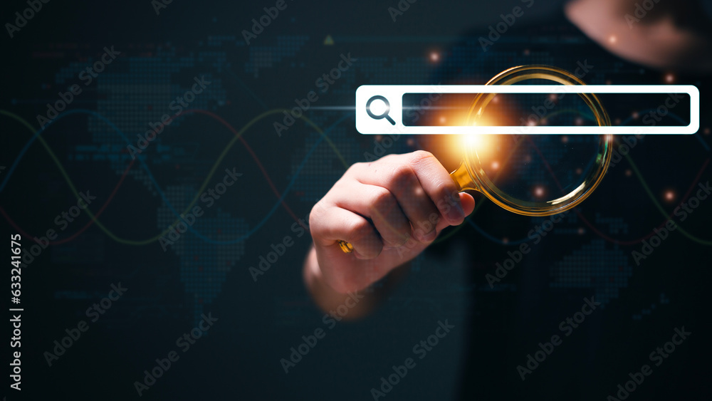 Poster people use magnifying glasses to search for information on the internet with search box icons and co