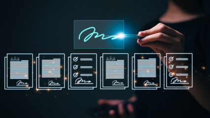 Electronic signature and paperless office concept. Online business contract Electronic signature,...