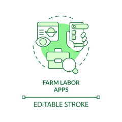 Farm labor apps green concept icon. Online platform. Hiring process. Mobile application. Agriculture business. Round shape line illustration. Abstract idea. Graphic design. Easy to use