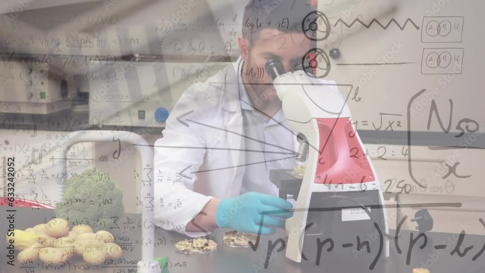 Poster animation of mathematical equations over caucasian male scientist using microscope at laboratory