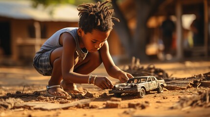 African child from poor Africa plays with a simple old car toy. Social problem Poverty in Africa