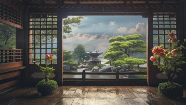 japanese garden in the morning animation background. seamless looping time-lapse virtual video animation background.