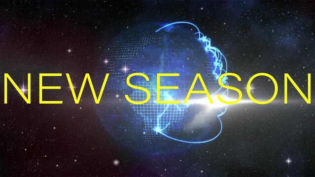 Animation of new season text banner against glowing light trails over spinning globe in space