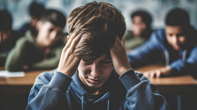 Male student covering his face and crying in class suffering from depression. Lonely teenage female student sat in school covering her head and crying