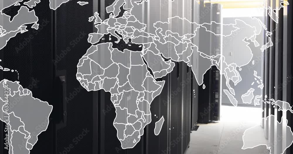 Poster animation of world map against computer server room
