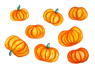 Pattern of orange pumpkins on a white background. Different sizes. Some pumpkins have a green shoot. Watercolor. A simple drawing. Autumn set.