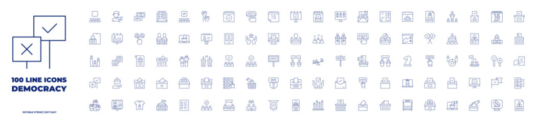 100 icons Democracy collection. Thin line icon. Editable stroke.