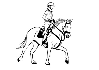 graphics image drawing woman Jockey riding a horse outline stroke line Vector illustration