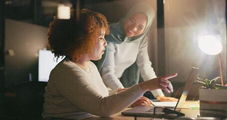 Office night, laptop and diversity woman review social network feedback, customer experience or web ecommerce. Brand monitoring data, teamwork and media team collaboration on online survey analysis