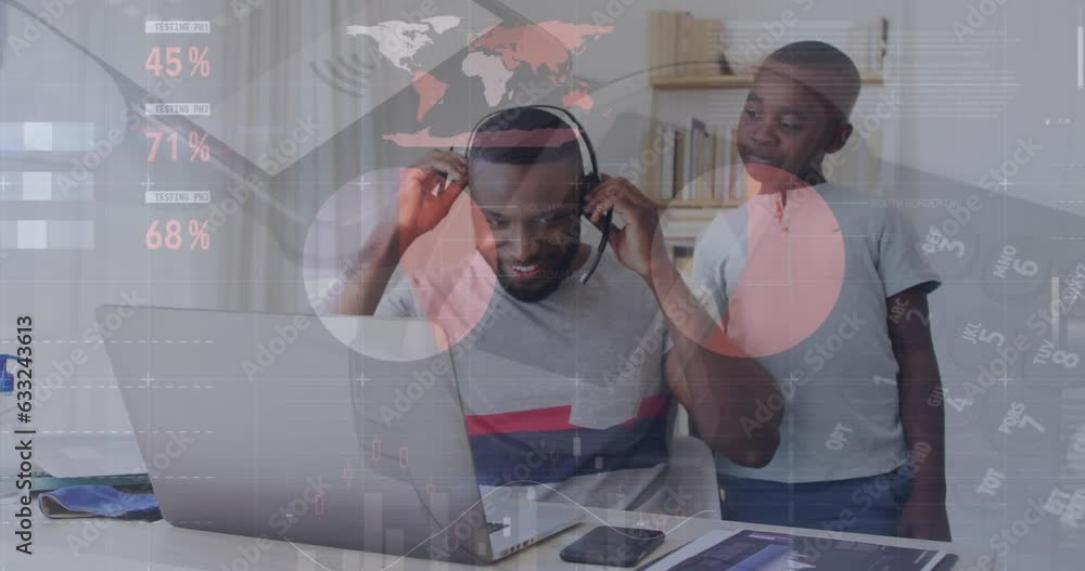 Poster animation of statistical data processing over african american man talking to his son while working