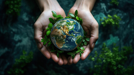 Environment Earth Day In the top view the hands holding green earth. care, saving and energy are renewable and the environment is sustainable. Save Earth. Concept of the Environment World Earth