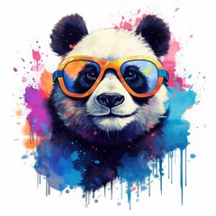 Portrait of Panda with sunglasses. Colorful watercolor drawing - 633243800