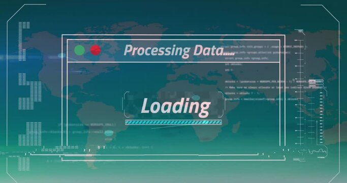 Animation of multiple text, loading bar and computer language over dots on map