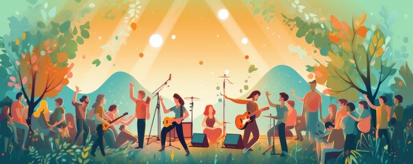 Dancing with friends.   summer festival people on party. generative ai