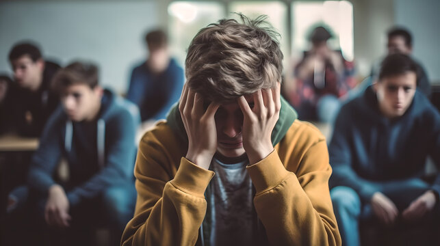 Male student covering his face and crying in class suffering from depression. Lonely teenage female student sat in school covering her head and crying