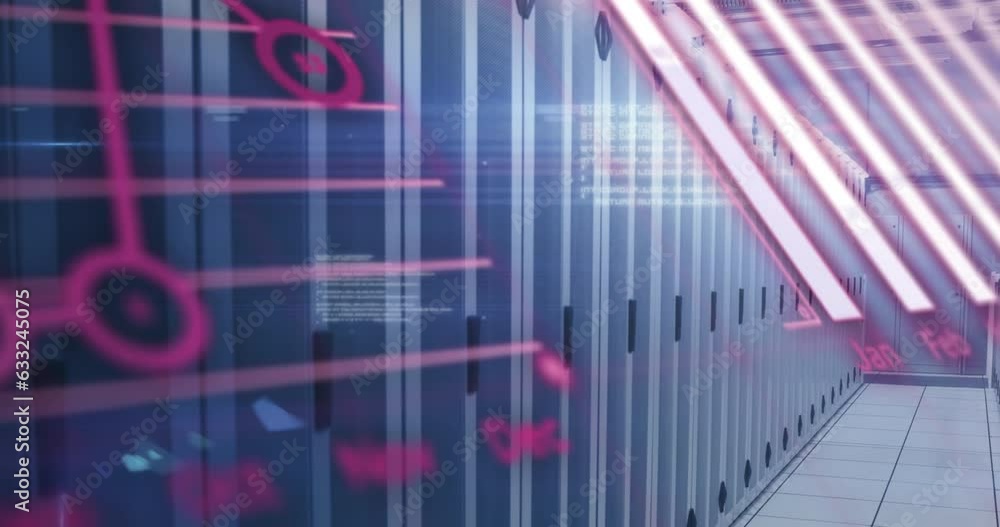 Poster animation of graphs, globe and computer language over multicolored bars on server room