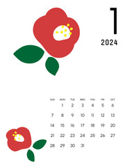 2024年間カレンダー1月　花柄