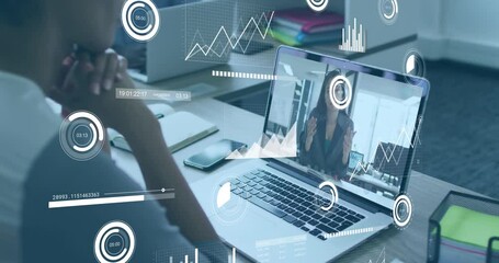 Animation of graphs, loading bar and circles, diverse female coworkers sharing ideas on video call - Powered by Adobe
