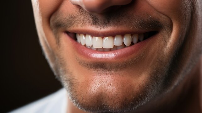 close up of a person with a smile. Young man with a beautiful smile on a black background. Teeth whitening. Dental clinic advertisement. Generative Ai