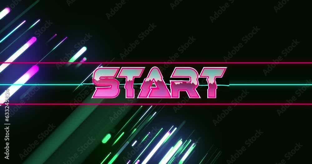 Poster animation of start text between lines over beams against black background