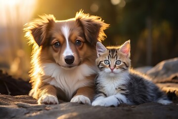 Puppy dog and cute kitten lie together. isolated on transparent background. Post-processed generative AI