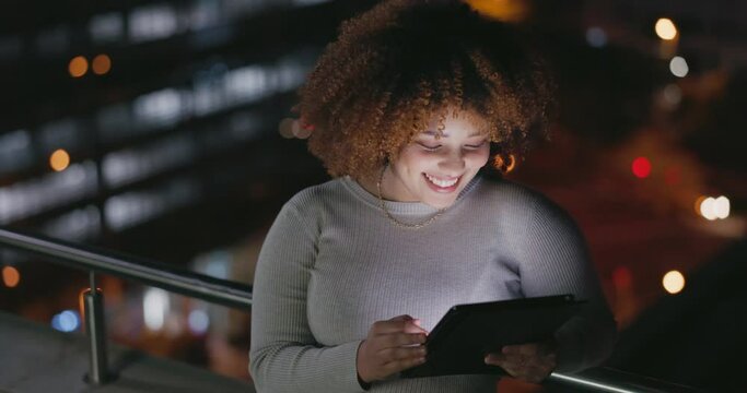 Tablet, city balcony and laughing woman reading funny social network feedback, customer experience or website. Brand monitoring data, night review or African media worker doing online survey analysis