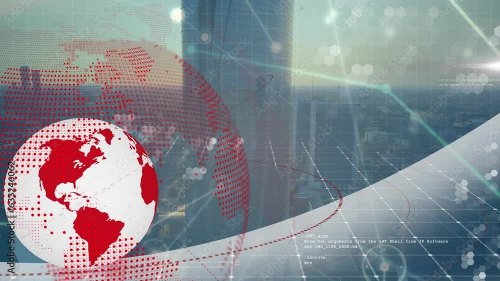 Poster animation of globes, connected dots and computer language, aerial view of modern cityscape