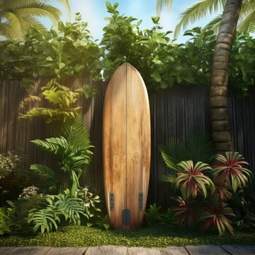 surfboard lying against a wooden garden fence inm a tropical island. Generative ai.