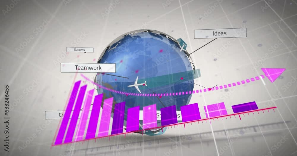 Poster animation of arrow on graph with text in rectangles and flying airplanes around globe