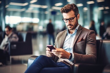 Man at airport lounge and using mobile phone, Businessman working and using mobile at busy time on airport, Generative AI. - obrazy, fototapety, plakaty
