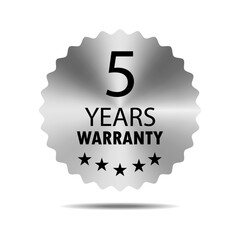 5 years warranty seal stamp, vector label. Hologram stickers labels with silver texture. 