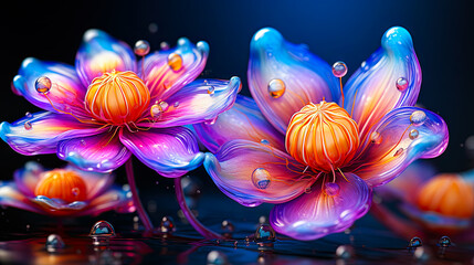 Close up from 2 colorful flower plants with blue, purple, yellow and pink, dark background