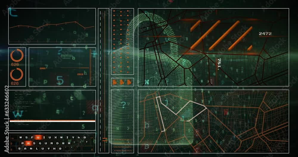 Poster animation of padlock, texts, symbols, letters, number with computer language and navigation pattern