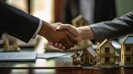 Shaking hands partnership tax lawyer and real estate agent for teamwork. Law of real estate concept. Generative Ai
